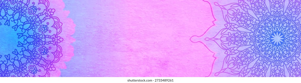 Lilac Blue Mandala Pattern on white background. Horizontal banner.