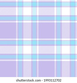 Lilac and blue tartan. Pastel plaid in mauve, turquoise and white. Seamless vector check pattern suitable for fashion, home decor, stationary and Easter products.