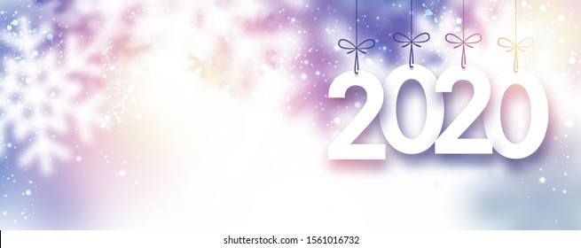 Lilac Blurred 2020 New Year Banner With Snowflakes. Vector Background.