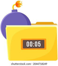 Lilac bomb with timer on and fire burns on wick isolated on white background vector illustration. Danger symbol, round dynamite. Detonating hazard charge. Explosive attack weapon with time board