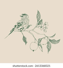 Lilac breasted Roller bird with apple branch with flowers, fruits and leaves. Design element. Line illustration.