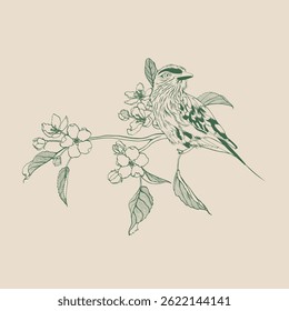 Lilac breasted Roller bird with apple branch with flowers, fruits and leaves. Design element. Line illustration.