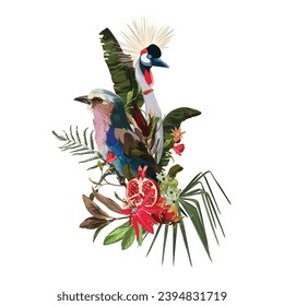Lilac breasted Roller bird, crane. Tropical arrangements with leaves, flowers,  bird and pomegranate fruit for party invitations and poster designs.