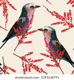 Lilac breasted Roller bird on branches with red berries. Seamless pattern background with elements and contours of trees. For fabrics, wallpapers, notebook covers.