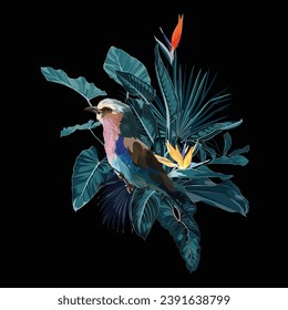 Lilac breasted Roller bird. Tropical arrangements with leaves, flowers and birds for party invitations and poster designs.