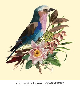 Lilac breasted Roller bird. Tropical arrangements with leaves, flowers and birds for party invitations and poster designs.
