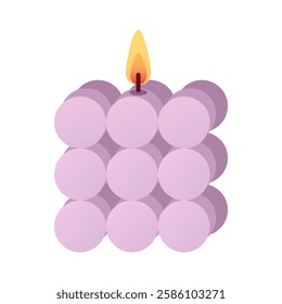 Lilac burning candle in interesting shape in cartoon flat style. Design elements for home decor, Valentines Day, wedding, bachelorette party.