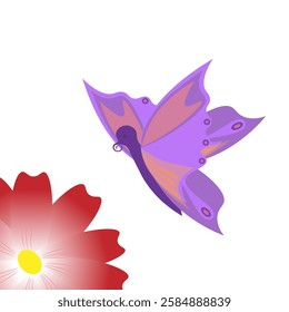 A lilac butterfly flutters over a red daisy