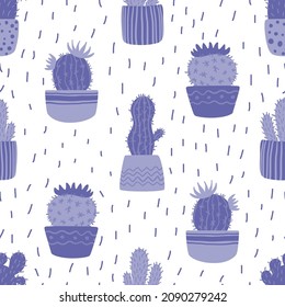 Lilac cacti in pots on a white background. Cute, cozy, homely pattern in lilac colors. Hand-drawn children's drawing style. Seamless vector pattern in the trending color of 2022