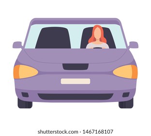 Lilac Car with Female Driver, Front View Vector Illustration