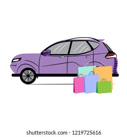 Lilac Car with Paper Bags. Shopping Trip to the Store. Icon. Sketch. Symbol. Sign. Stock Vector Illustration. Transparent. White Isolated.