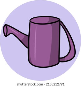 Lilac cartoon watering can for watering plants, housework and gardening. Vector illustration on a round light background