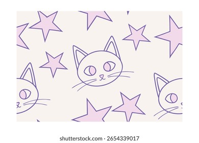 Lilac cat faces stars pattern on a cream with simple line art style cats