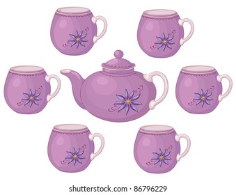 Lilac china teapot and cups with a pattern of flowers. Vector