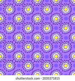 Lilac chrysanthemums on a purple background. Seamless pattern for textiles, fabrics, backgrounds, wrapping paper, wallpaper, postcards.