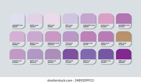 Lilac Color Palette, Lilac Color Guide Palette with Color Names. Catalog Samples of Purple with RGB HEX codes and Names. Indigo Colors Palette Vector, Fashion Trend Lilac Color Palette Vector tones