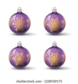 Lilac colored christmas balls with different snowflake ornament on it. Set of isolated realistic glass balls. Vector illustration for your design.
