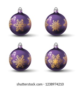 Lilac colored christmas balls with different snowflake ornament on it. Set of isolated realistic glass balls. Vector illustration for your design.
