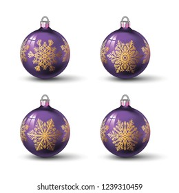 Lilac colored christmas balls with different snowflake ornament on it. Set of isolated realistic glass balls. Vector illustration for your design.