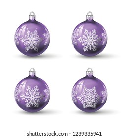 Lilac colored christmas balls with different snowflake ornament on it. Set of isolated realistic glass balls. Vector illustration for your design.