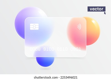 Lilac colored minimal trendy banner in glassmorphism style. Banking card UI design object. Digital payment screen with glass overlay effect on floating gradient spheres. Vector illustration.