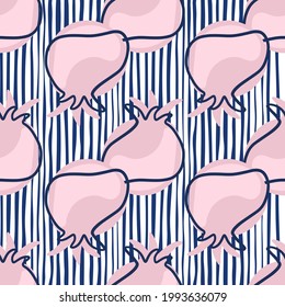 Lilac contoured pomegranate elements seamless doodle pattern. Striped white and navy blue background. Decorative backdrop for fabric design, textile print, wrapping, cover. Vector illustration.