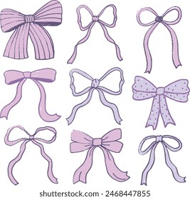 Lilac Coquette Ribbon Bows Clipart Illustration Set of 9 Purple Cute Bows