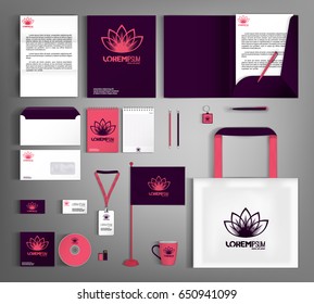 Lilac corporate identity template design with pink element. Business set stationery