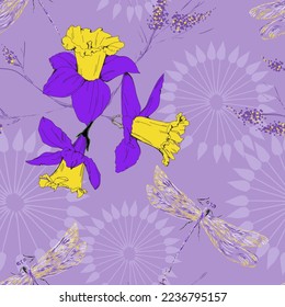 Lilac daffodil, delicate background and stylized insect. Dragonfly on seamless for print.