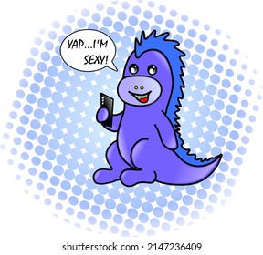 The lilac dinosaur is looking at his cell phone and is full of self-confidence