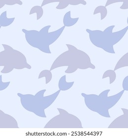 Lilac dolphin emerges from water. Blue sea mammal in reflection. Seamless vector pattern. Repeating ornament of sea mammals. Isolated light background. Flat style. Ocean inhabitant with fins and tail.