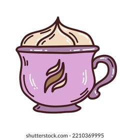 Lilac doodle cup of coffee or chocolate with whipped cream. Irish coffee