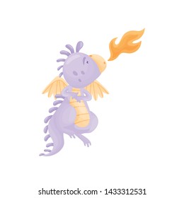 Lilac dragon spews flames. Vector illustration on white background.