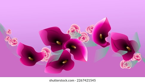 Lilac floral background with lilies and roses. Design template for greeting card, banner