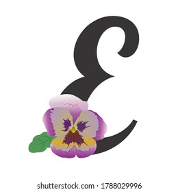 Lilac floral pansy letter E isolated on white background. Font decorated with a vector illustration of a garden violet. Lilac, violet, pink, yellow colors. Flat design with gradients.