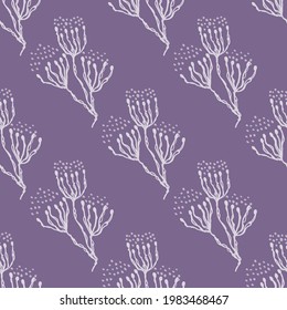 Lilac Blütenskandi Muster Druck. Nahtloser minimaler Modedoodle-Hintergrund. Stille Geschlecht inklusive gezeichnete Blumenmotive Textur. Playful Kind Zimmer Tapete Vektorwiederholung.
