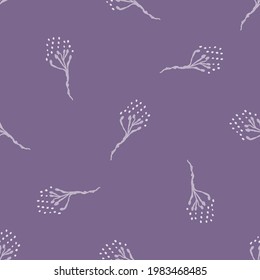 Impresión del patrón de escándalo floral de Lilac. El fondo de doodle de moda es mínimo e impecable. Una suave textura con motivos florales dibujados con inclusión de género. Repetición del vector de papel pintado de la sala de niños.