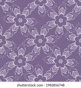 Lilac Blütenskandi Muster Druck. Nahtloser minimaler Modedoodle-Hintergrund. Stille Geschlecht inklusive gezeichnete Blumenmotive Textur. Playful Kind Zimmer Tapete Vektorwiederholung.