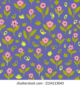 Lilac floral seamless repeat pattern. Random placed, vector flowers with leaves botanical all over surface print.