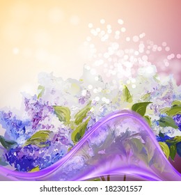 Lilac flowers background. Spring flowers invitation template card