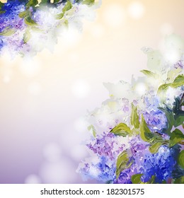 Lilac flowers background. Spring flowers invitation template card