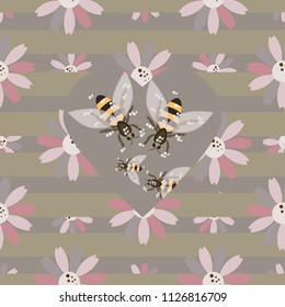 Lilac flowers with bees seamless pattern. Vector illustration. Bee design for paper, fabric, interior decor and other users. Trendy hand drawn texture.