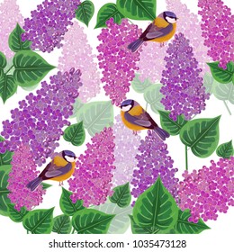 Lilac flowers and birds pattern Vector