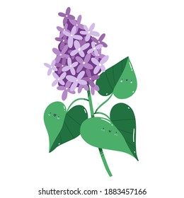 Lilac flowers branch with happy faces on leaves, cartoon character botanical vector illustration, isolated on white background