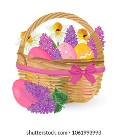 Lilac flowers and eggs in a basket Vector. Easter holiday elements