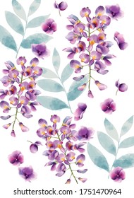 Lilac flowers and green leaves pattern. Watercolor. Vector