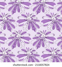 Lilac flowers. Linear graphic flowers with black outline and purple spots. 