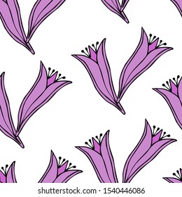 Lilac flowers on a white background. Seamless pattern. Great for fabric, wallpaper, backgrounds, invitations, packaging design projects. Surface design. Vector illustration