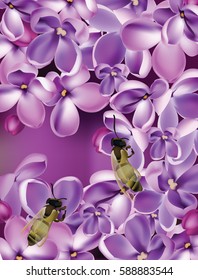 Lilac flowers Realistic Vector illustration with bees collecting pollen. Beautiful Spring floral Background