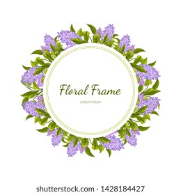 Lilac Flowers Round Frame Card Template with Blooming Flowers, Elegant Floral Banner, Poster, Wedding Invitation, Greeting Card Vector Illustration